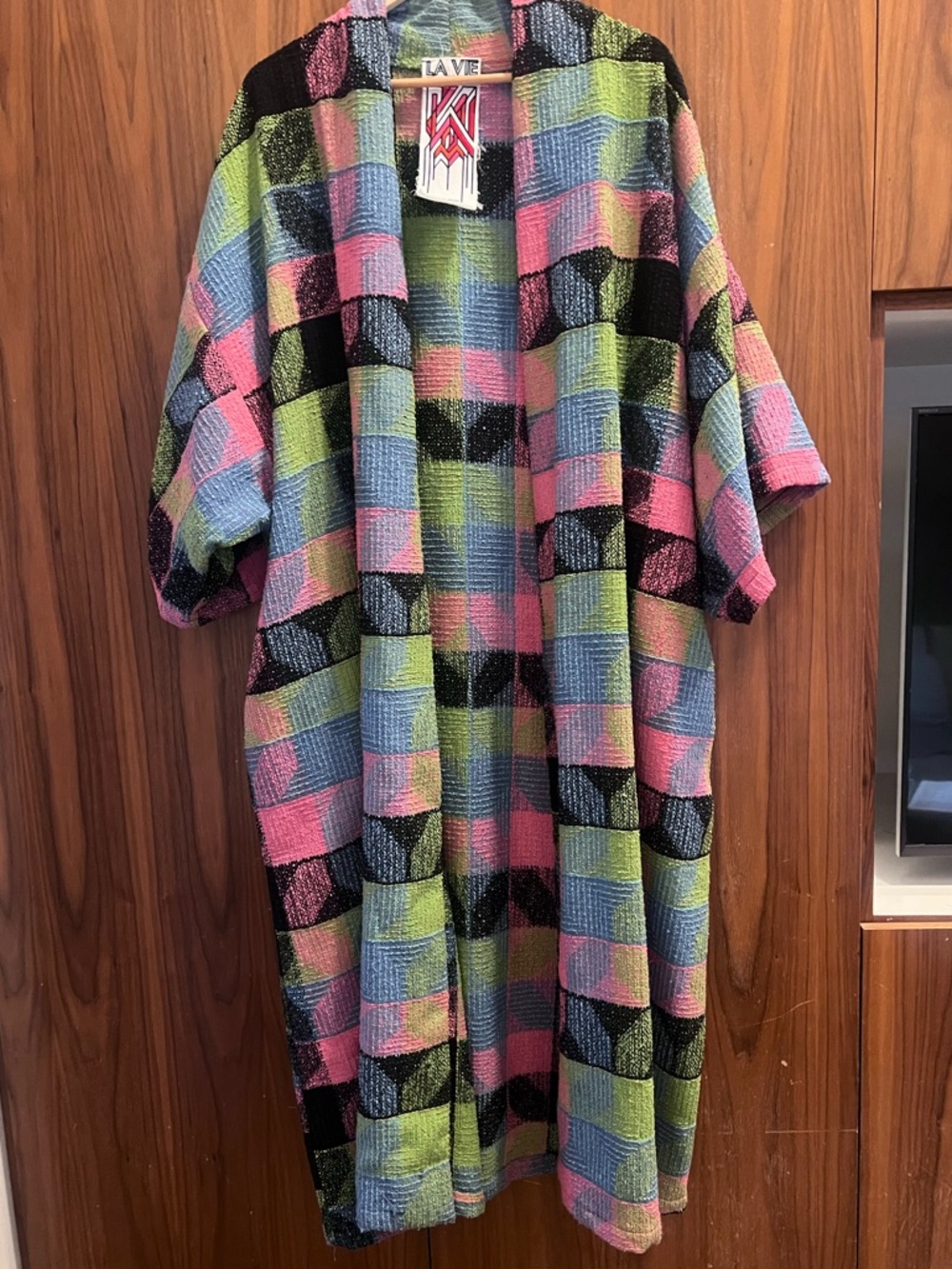 La Vie Multicolor Patchwork Open Front Coatigan - Pink, Blue & Green